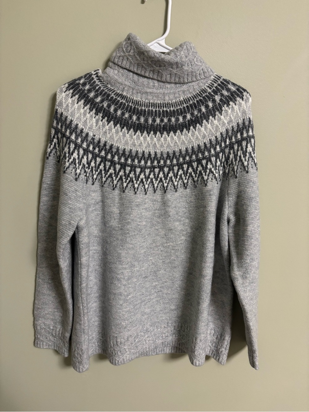 Talbots Metallic Turtleneck Sweater Whimsical Fair Isle Size PXL New Grey